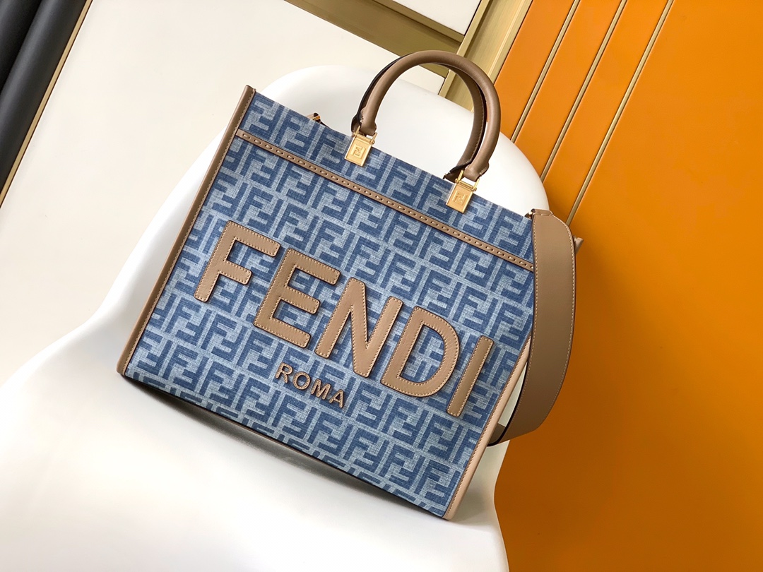 Fendi Medium Sunshine Shopper Blue FF Jacquard Fabric Bag